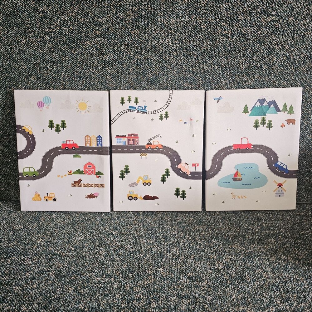 Set of 3 Kids Wall Art Canvas Prints 16x11.5 Road Map Construction Nursery Decor